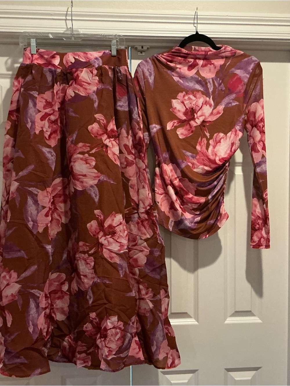 A-Line Floral Midi Skirt in Brown with Pink Floral Print